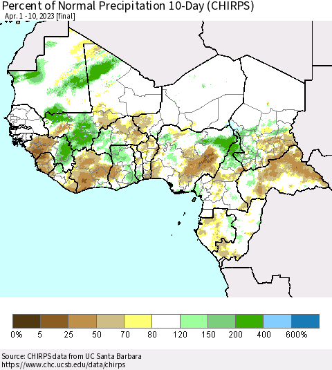 Western Africa Percent of Normal Precipitation 10-Day (CHIRPS) Thematic Map For 4/1/2023 - 4/10/2023