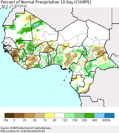 Western Africa Percent of Normal Precipitation 10-Day (CHIRPS) Thematic Map For 4/6/2023 - 4/15/2023