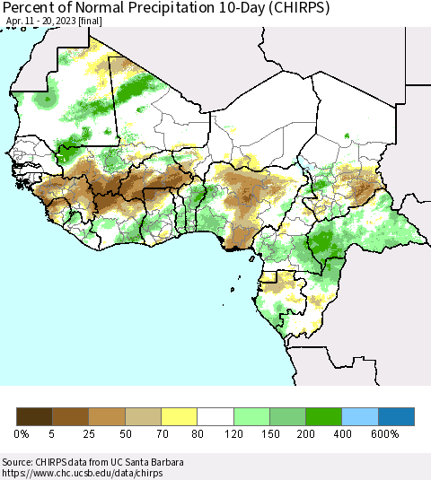 Western Africa Percent of Normal Precipitation 10-Day (CHIRPS) Thematic Map For 4/11/2023 - 4/20/2023