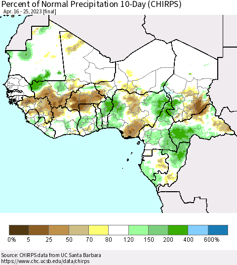 Western Africa Percent of Normal Precipitation 10-Day (CHIRPS) Thematic Map For 4/16/2023 - 4/25/2023