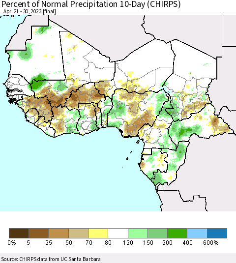 Western Africa Percent of Normal Precipitation 10-Day (CHIRPS) Thematic Map For 4/21/2023 - 4/30/2023