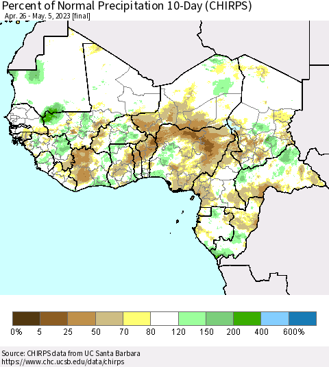 Western Africa Percent of Normal Precipitation 10-Day (CHIRPS) Thematic Map For 4/26/2023 - 5/5/2023