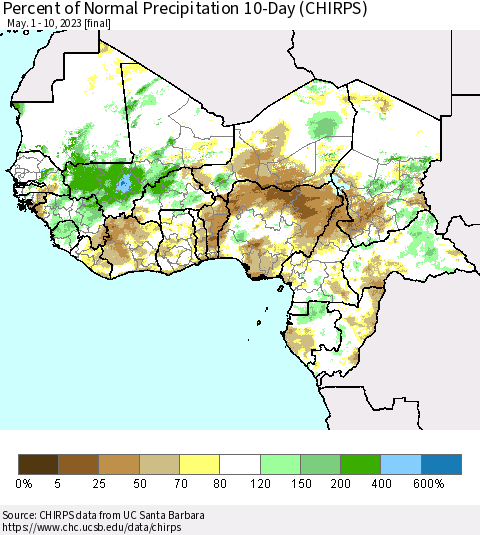 Western Africa Percent of Normal Precipitation 10-Day (CHIRPS) Thematic Map For 5/1/2023 - 5/10/2023