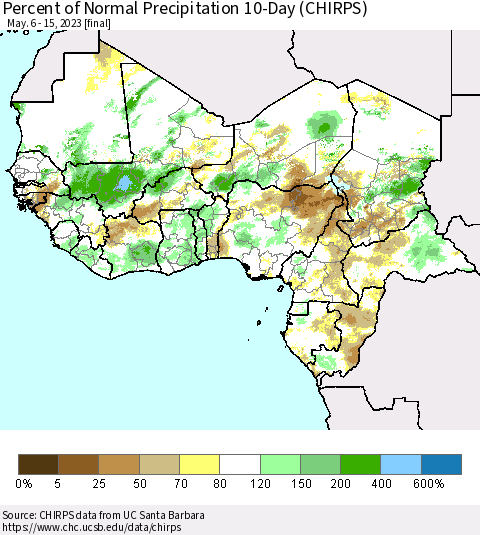 Western Africa Percent of Normal Precipitation 10-Day (CHIRPS) Thematic Map For 5/6/2023 - 5/15/2023