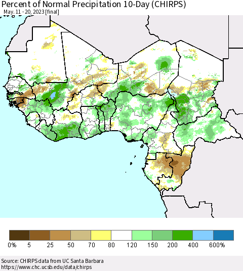 Western Africa Percent of Normal Precipitation 10-Day (CHIRPS) Thematic Map For 5/11/2023 - 5/20/2023