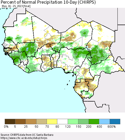 Western Africa Percent of Normal Precipitation 10-Day (CHIRPS) Thematic Map For 5/16/2023 - 5/25/2023