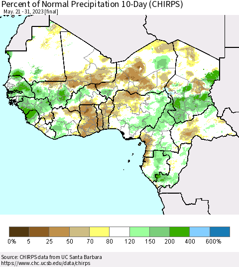 Western Africa Percent of Normal Precipitation 10-Day (CHIRPS) Thematic Map For 5/21/2023 - 5/31/2023
