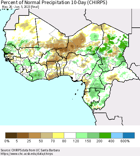Western Africa Percent of Normal Precipitation 10-Day (CHIRPS) Thematic Map For 5/26/2023 - 6/5/2023