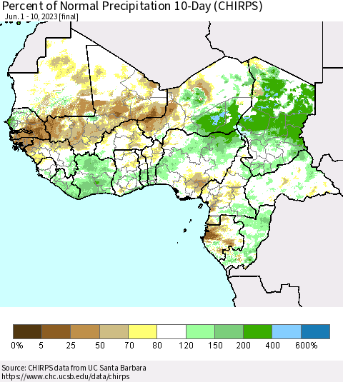 Western Africa Percent of Normal Precipitation 10-Day (CHIRPS) Thematic Map For 6/1/2023 - 6/10/2023
