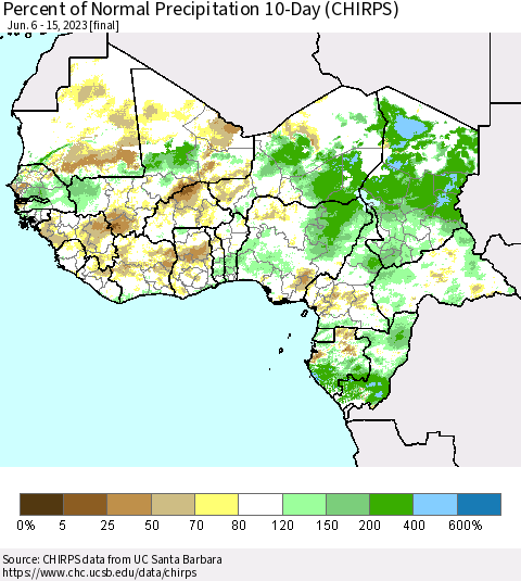 Western Africa Percent of Normal Precipitation 10-Day (CHIRPS) Thematic Map For 6/6/2023 - 6/15/2023