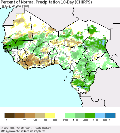 Western Africa Percent of Normal Precipitation 10-Day (CHIRPS) Thematic Map For 6/11/2023 - 6/20/2023