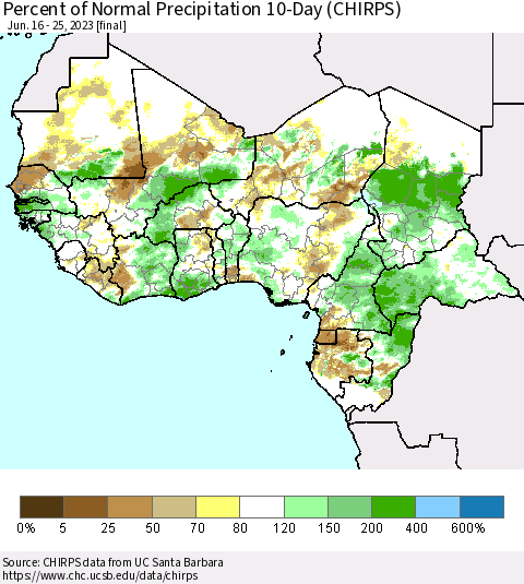 Western Africa Percent of Normal Precipitation 10-Day (CHIRPS) Thematic Map For 6/16/2023 - 6/25/2023