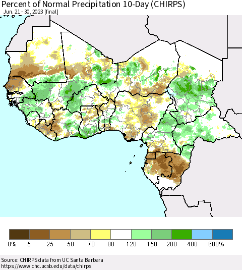 Western Africa Percent of Normal Precipitation 10-Day (CHIRPS) Thematic Map For 6/21/2023 - 6/30/2023