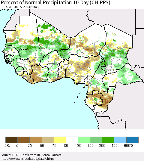 Western Africa Percent of Normal Precipitation 10-Day (CHIRPS) Thematic Map For 6/26/2023 - 7/5/2023