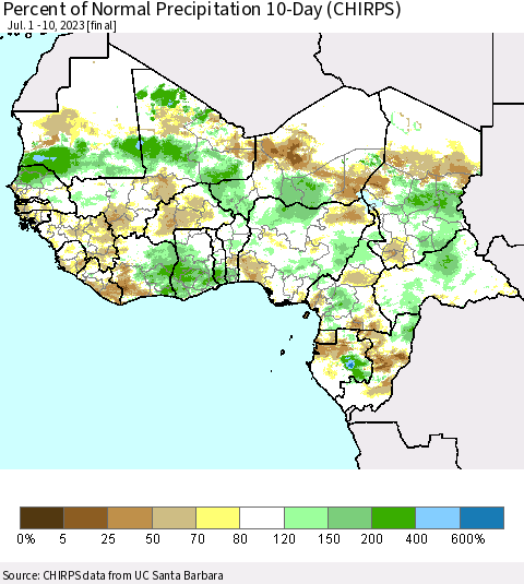 Western Africa Percent of Normal Precipitation 10-Day (CHIRPS) Thematic Map For 7/1/2023 - 7/10/2023