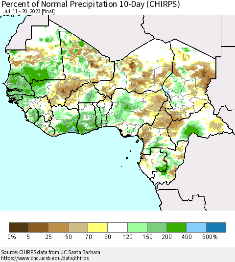 Western Africa Percent of Normal Precipitation 10-Day (CHIRPS) Thematic Map For 7/11/2023 - 7/20/2023