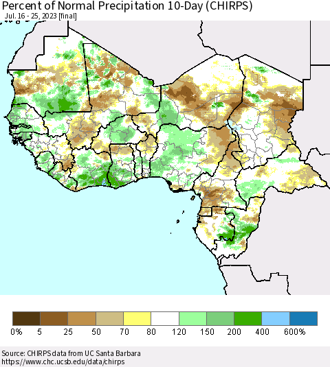 Western Africa Percent of Normal Precipitation 10-Day (CHIRPS) Thematic Map For 7/16/2023 - 7/25/2023