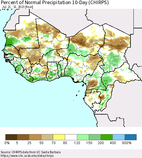 Western Africa Percent of Normal Precipitation 10-Day (CHIRPS) Thematic Map For 7/21/2023 - 7/31/2023