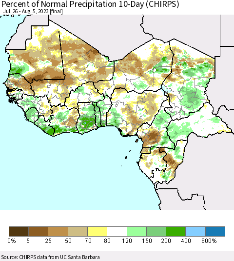 Western Africa Percent of Normal Precipitation 10-Day (CHIRPS) Thematic Map For 7/26/2023 - 8/5/2023