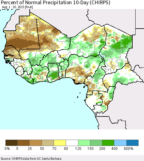 Western Africa Percent of Normal Precipitation 10-Day (CHIRPS) Thematic Map For 8/1/2023 - 8/10/2023