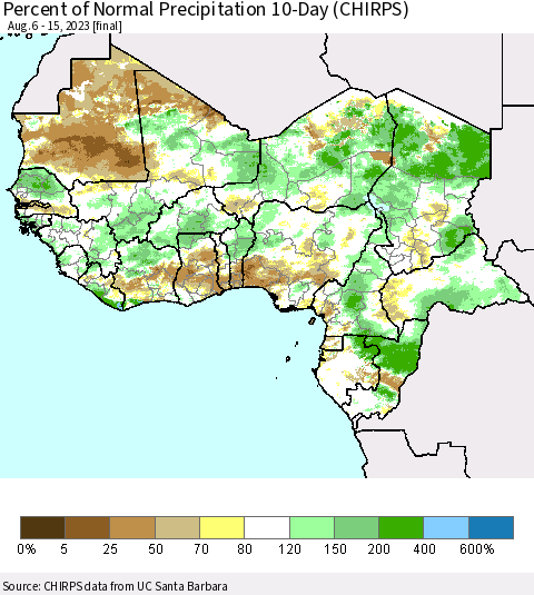 Western Africa Percent of Normal Precipitation 10-Day (CHIRPS) Thematic Map For 8/6/2023 - 8/15/2023