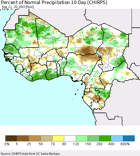 Western Africa Percent of Normal Precipitation 10-Day (CHIRPS) Thematic Map For 8/11/2023 - 8/20/2023