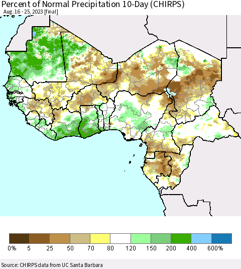 Western Africa Percent of Normal Precipitation 10-Day (CHIRPS) Thematic Map For 8/16/2023 - 8/25/2023