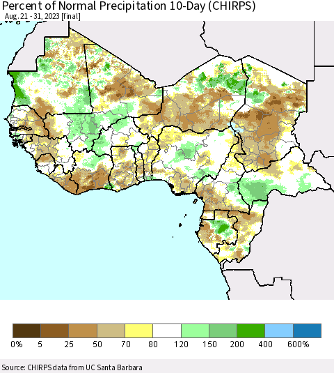 Western Africa Percent of Normal Precipitation 10-Day (CHIRPS) Thematic Map For 8/21/2023 - 8/31/2023