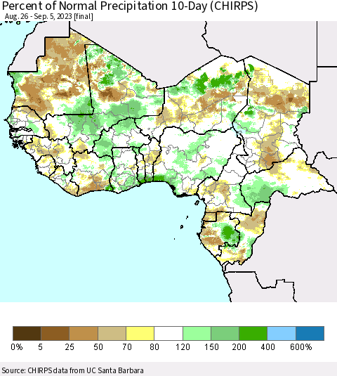Western Africa Percent of Normal Precipitation 10-Day (CHIRPS) Thematic Map For 8/26/2023 - 9/5/2023