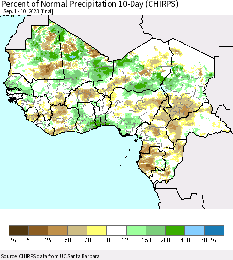 Western Africa Percent of Normal Precipitation 10-Day (CHIRPS) Thematic Map For 9/1/2023 - 9/10/2023