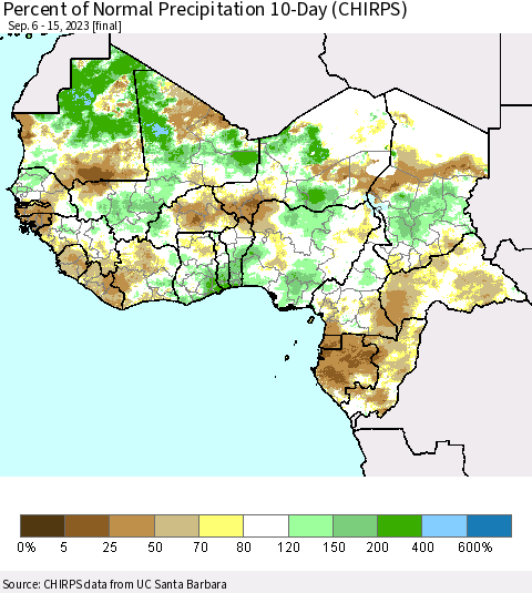 Western Africa Percent of Normal Precipitation 10-Day (CHIRPS) Thematic Map For 9/6/2023 - 9/15/2023