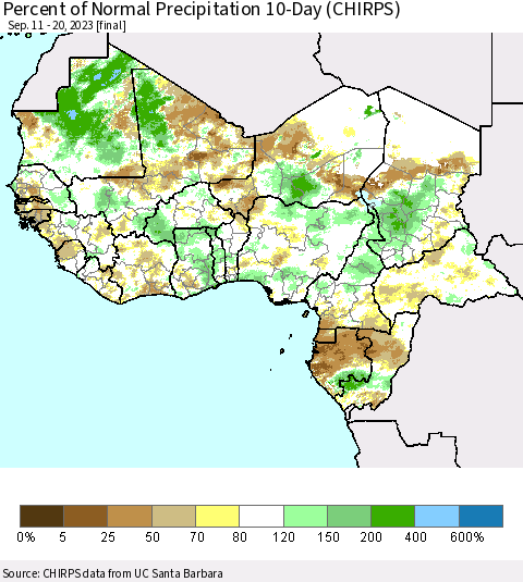 Western Africa Percent of Normal Precipitation 10-Day (CHIRPS) Thematic Map For 9/11/2023 - 9/20/2023