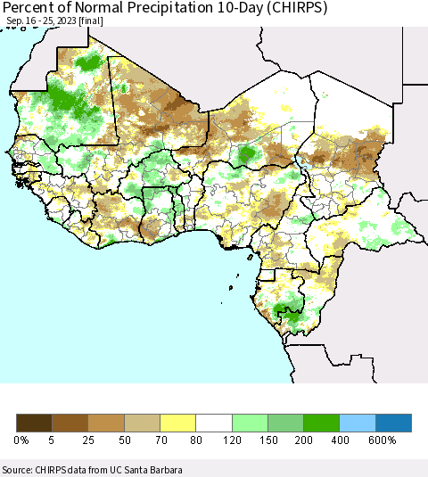 Western Africa Percent of Normal Precipitation 10-Day (CHIRPS) Thematic Map For 9/16/2023 - 9/25/2023