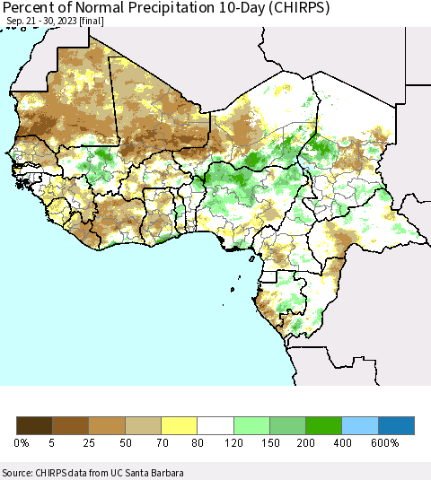 Western Africa Percent of Normal Precipitation 10-Day (CHIRPS) Thematic Map For 9/21/2023 - 9/30/2023