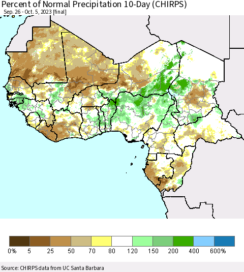 Western Africa Percent of Normal Precipitation 10-Day (CHIRPS) Thematic Map For 9/26/2023 - 10/5/2023