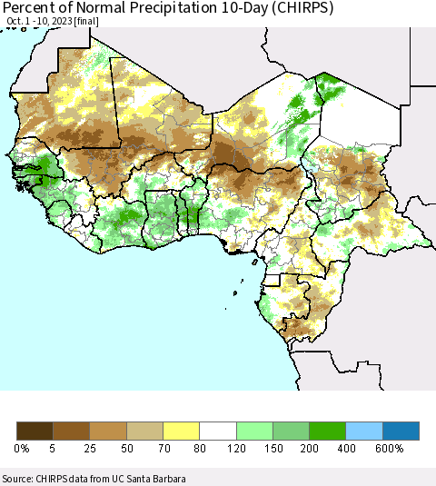 Western Africa Percent of Normal Precipitation 10-Day (CHIRPS) Thematic Map For 10/1/2023 - 10/10/2023