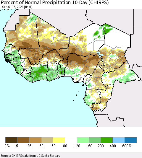 Western Africa Percent of Normal Precipitation 10-Day (CHIRPS) Thematic Map For 10/6/2023 - 10/15/2023