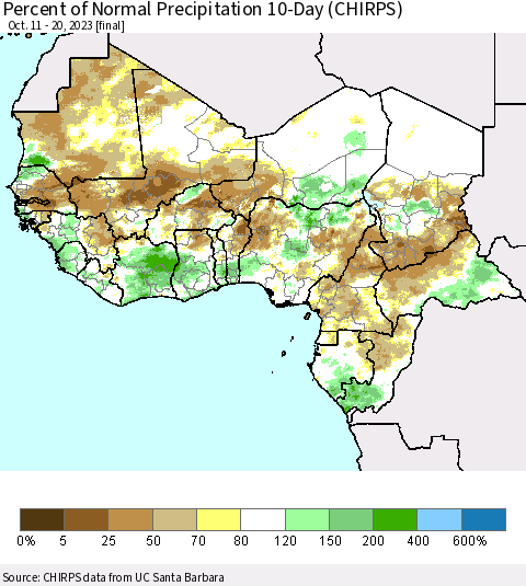 Western Africa Percent of Normal Precipitation 10-Day (CHIRPS) Thematic Map For 10/11/2023 - 10/20/2023