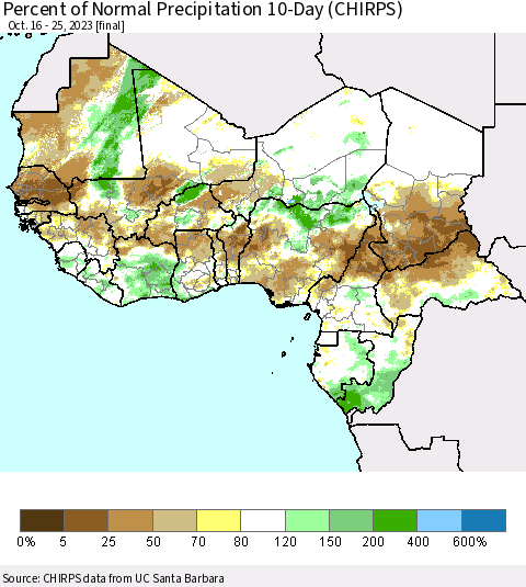 Western Africa Percent of Normal Precipitation 10-Day (CHIRPS) Thematic Map For 10/16/2023 - 10/25/2023