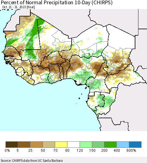 Western Africa Percent of Normal Precipitation 10-Day (CHIRPS) Thematic Map For 10/21/2023 - 10/31/2023