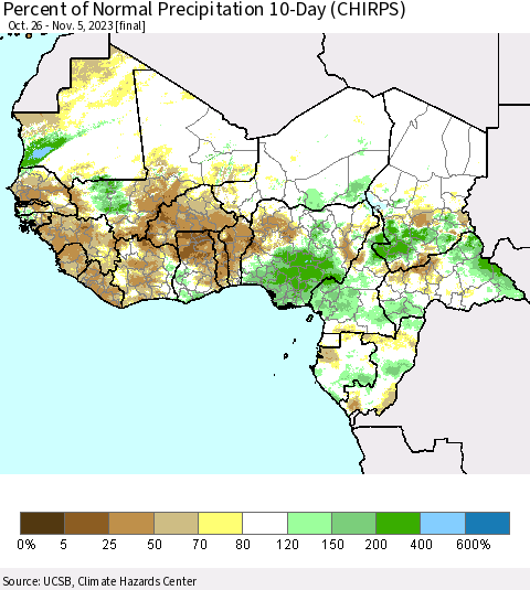 Western Africa Percent of Normal Precipitation 10-Day (CHIRPS) Thematic Map For 10/26/2023 - 11/5/2023