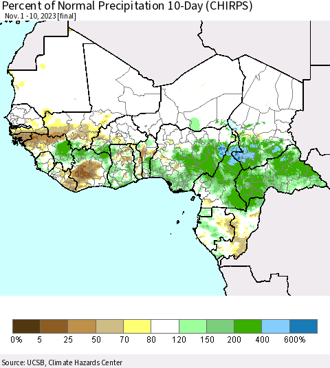 Western Africa Percent of Normal Precipitation 10-Day (CHIRPS) Thematic Map For 11/1/2023 - 11/10/2023