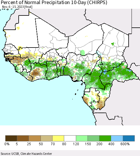 Western Africa Percent of Normal Precipitation 10-Day (CHIRPS) Thematic Map For 11/6/2023 - 11/15/2023
