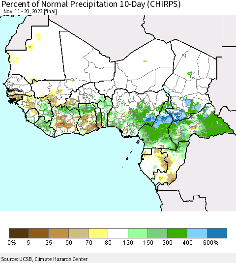 Western Africa Percent of Normal Precipitation 10-Day (CHIRPS) Thematic Map For 11/11/2023 - 11/20/2023