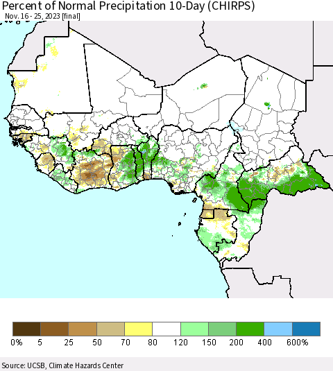 Western Africa Percent of Normal Precipitation 10-Day (CHIRPS) Thematic Map For 11/16/2023 - 11/25/2023