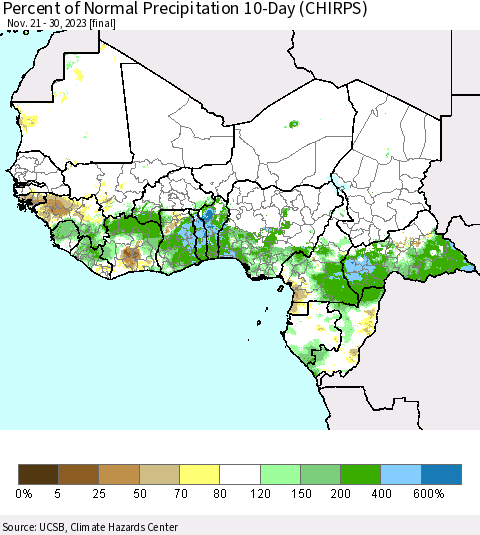 Western Africa Percent of Normal Precipitation 10-Day (CHIRPS) Thematic Map For 11/21/2023 - 11/30/2023