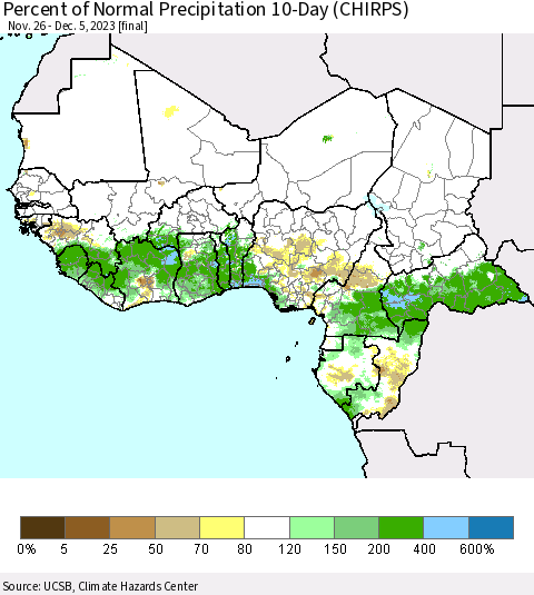 Western Africa Percent of Normal Precipitation 10-Day (CHIRPS) Thematic Map For 11/26/2023 - 12/5/2023