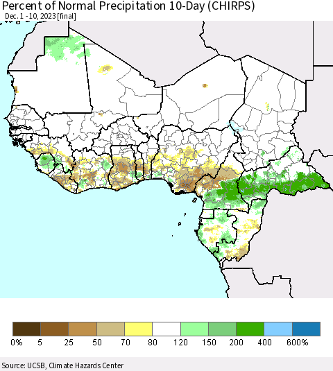 Western Africa Percent of Normal Precipitation 10-Day (CHIRPS) Thematic Map For 12/1/2023 - 12/10/2023