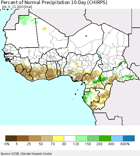 Western Africa Percent of Normal Precipitation 10-Day (CHIRPS) Thematic Map For 12/6/2023 - 12/15/2023