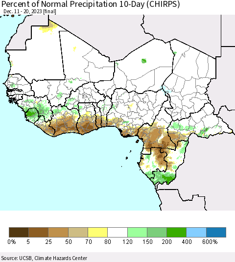 Western Africa Percent of Normal Precipitation 10-Day (CHIRPS) Thematic Map For 12/11/2023 - 12/20/2023